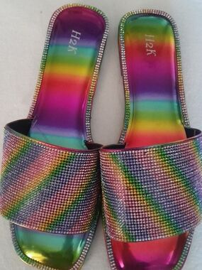 H2k Rainbow Crystal-Embellished Slide Sandals